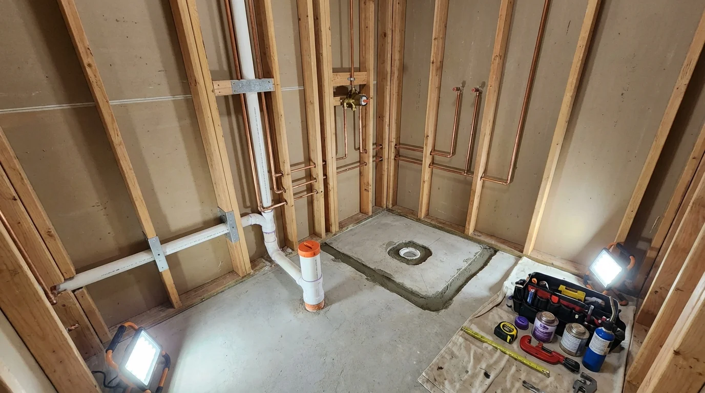 Bathroom rough-in plumbing during remodel by Johns Plumbing LLC in Limon