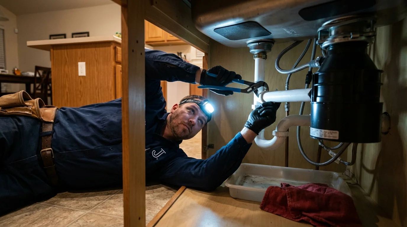 P-trap and supply line connections under a kitchen sink showing a common leak point in Limon, CO